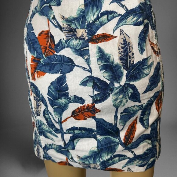 Robin K Sheath Mini Dress Medium White Blue Linen-Cotton Lined Wide Straps Leave - Picture 8 of 16